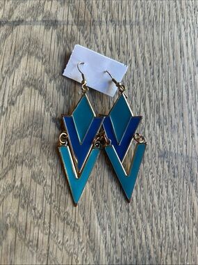Blue turquoise enameled chevron V-Shaped Drop Earrings - Gold Accent